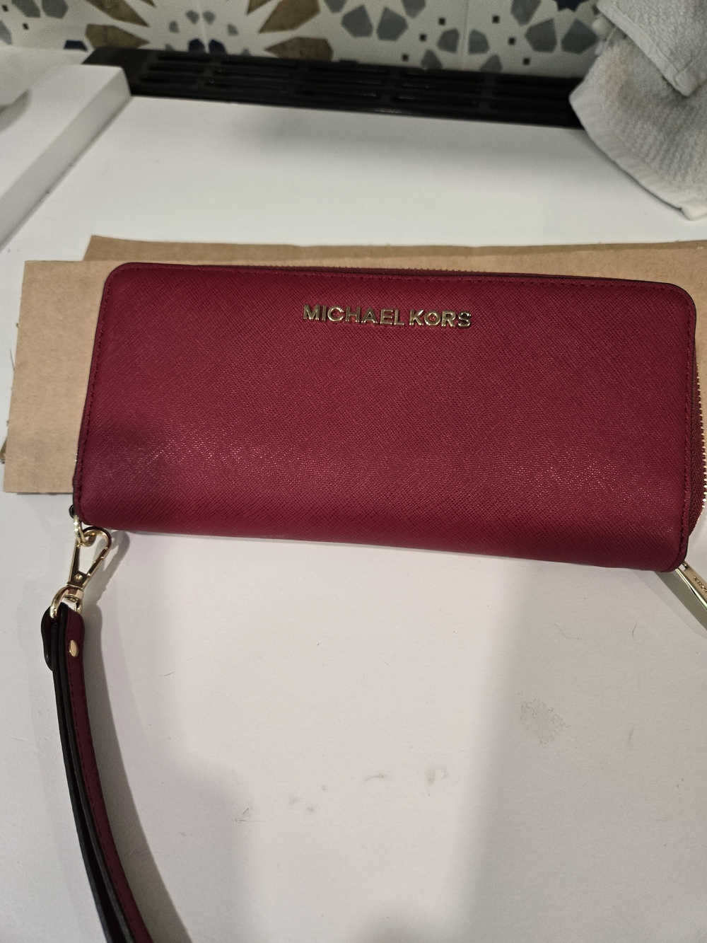 Michael Kors Saffiano Zip Wallet Wristlet in Deep Burgundy
